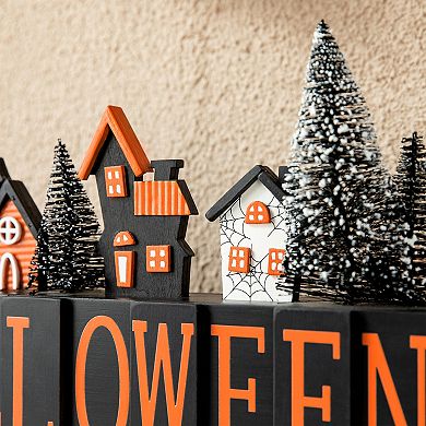 Glitzhome 14"L "HALLOWEEN" Haunted House Table Sign, Halloween Wooden Tabletop Centerpiece