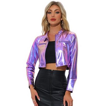 Stand Collar Jacket for Women's Metallic Zipper Cropped Party Club Long Sleeve Jackets