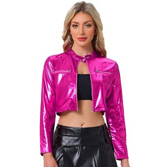 Stand Collar Jacket for Women's Metallic Zipper Cropped Party Club Long Sleeve Jackets