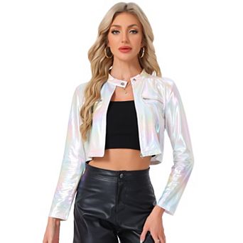 Stand Collar Jacket for Women's Metallic Zipper Cropped Party Club Long Sleeve Jackets