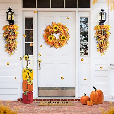 Glitzhome 42"H Wooden Stacked Pumpkin Porch Sign, Sunflowers Standing Sign Decor for Fall Harvest