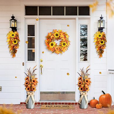 Glitzhome 26" H Fall Harvest Artificial Sunflower Pumpkin Leaf Swag