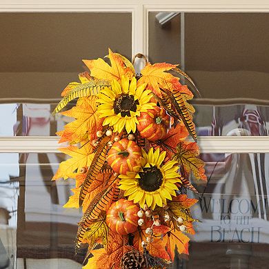 Glitzhome 26" H Fall Harvest Artificial Sunflower Pumpkin Leaf Swag