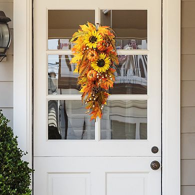Glitzhome 26" H Fall Harvest Artificial Sunflower Pumpkin Leaf Swag
