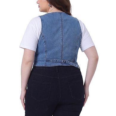 Women's Plus Size Denim Vest Sleeveless V Neck Button Casual Jean Waistcoat Jacket