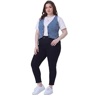 Women's Plus Size Denim Vest Sleeveless V Neck Button Casual Jean Waistcoat Jacket