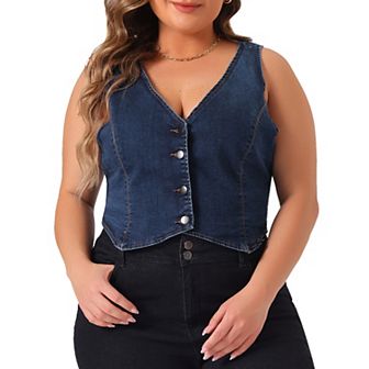 Women's Plus Size Denim Vest Sleeveless V Neck Button Casual Jean Waistcoat Jacket