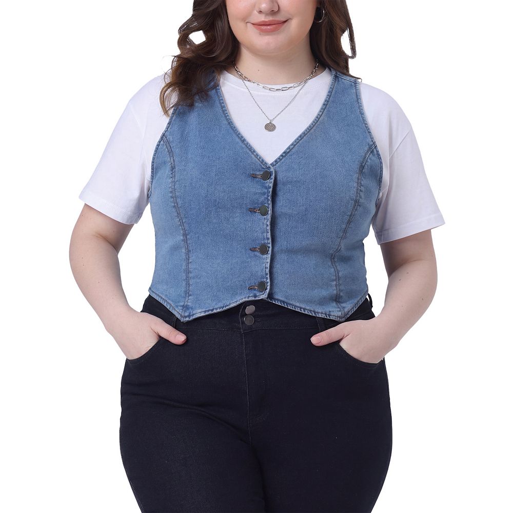 Women's Plus Size Denim Vest Sleeveless V Neck Button Casual Jean