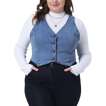 Women's Plus Size Denim Vest Sleeveless V Neck Button Casual Jean Waistcoat Jacket