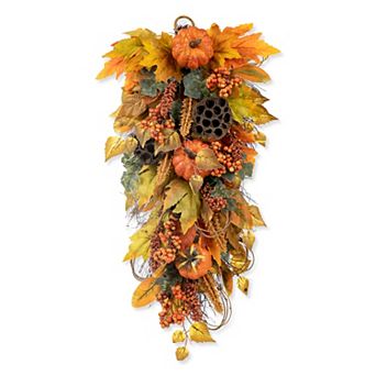 Glitzhome 25" H Fall Pumpkin Leaf Swag With Grapevine Base For Fall Autumn Halloween Wall Decor