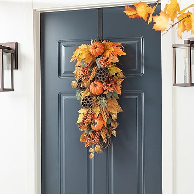 Glitzhome 25" H Fall Pumpkin Leaf Swag With Grapevine Base For Fall Autumn Halloween Wall Decor