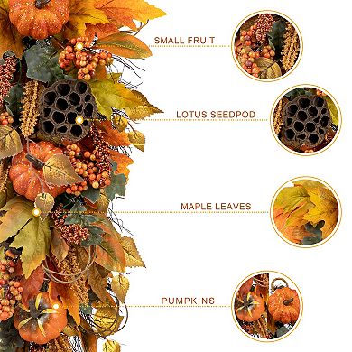 Glitzhome 25" H Fall Pumpkin Leaf Swag With Grapevine Base For Fall Autumn Halloween Wall Decor