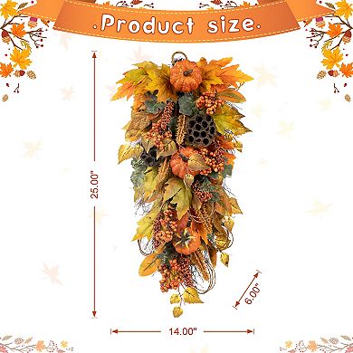 Glitzhome 25" H Fall Pumpkin Leaf Swag With Grapevine Base For Fall Autumn Halloween Wall Decor