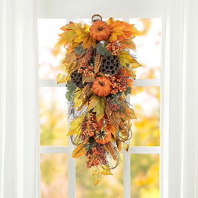 Glitzhome 25" H Fall Pumpkin Leaf Swag With Grapevine Base For Fall Autumn Halloween Wall Decor