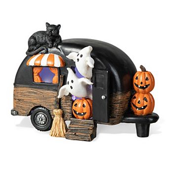 Glitzhome 9.25"l Halloween Polyresin Lighted Camper With Ghost& Pumpkin&Black Cat Table Decor