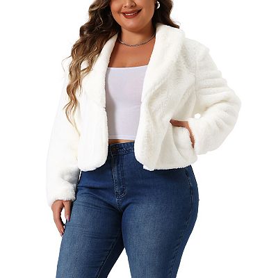 Agnes Orinda Women's Plus Size Winter Cropped Lapel Shrug Long Sleeve Fluffy Faux Fur Coat White 2X
