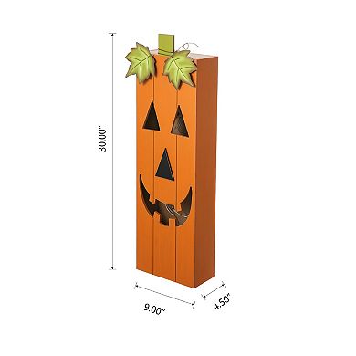 Glitzhome 30"h Wooden Pumpkin Porch Decor, Lighted Halloween Porch Sign with Timer