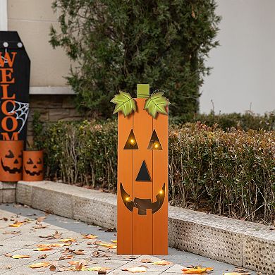Glitzhome 30"h Wooden Pumpkin Porch Decor, Lighted Halloween Porch Sign with Timer