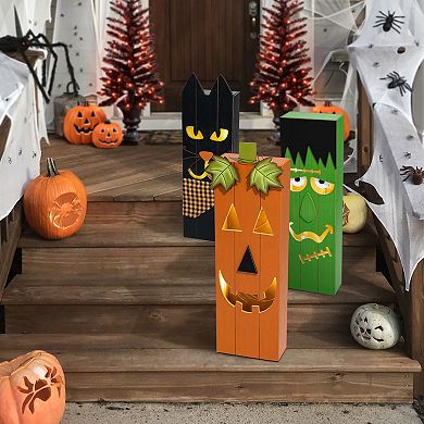 Glitzhome 30"h Wooden Pumpkin Porch Decor, Lighted Halloween Porch Sign with Timer