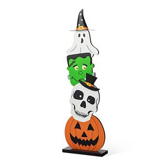 Glitzhome 36"h Halloween Wooden Stacked Ghost & Frankenstein & Skull & Pumpkin Porch Sign