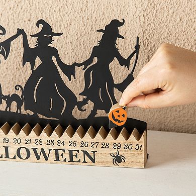 Glitzhome 18"L Halloween Wooden & Metal Table Decor, Dancing Witch Silhouette Countdown Table Sign