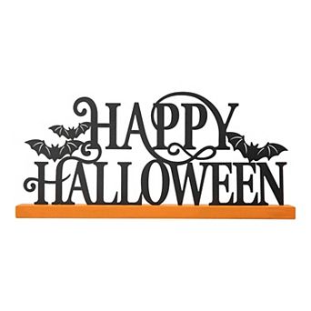 Glitzhome 18"l Halloween Wood & Metal Tabletop Word Sign, “HAPPY HALLOWEEN” Tabletop Decoration