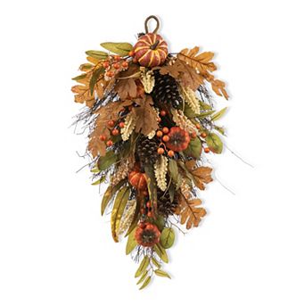 Glitzhome Artificial Decorative Teardrop Wall Swag For Front Door With Leaf & Pumpkins & Berries