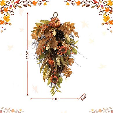 Glitzhome Artificial Decorative Teardrop Wall Swag For Front Door With Leaf & Pumpkins & Berries