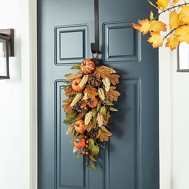 Glitzhome Artificial Decorative Teardrop Wall Swag For Front Door With Leaf & Pumpkins & Berries
