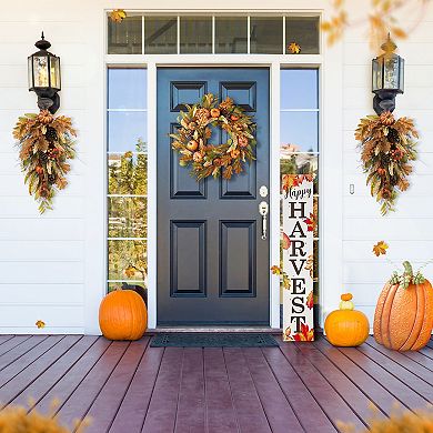 Glitzhome Artificial Decorative Teardrop Wall Swag For Front Door With Leaf & Pumpkins & Berries
