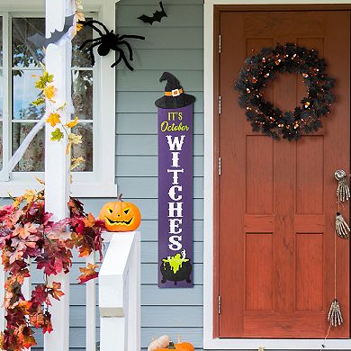 Glitzhome 48"h Halloween Wood Witch Hat Porch Decor, “It’s October Witches” Hanging Wall Decor