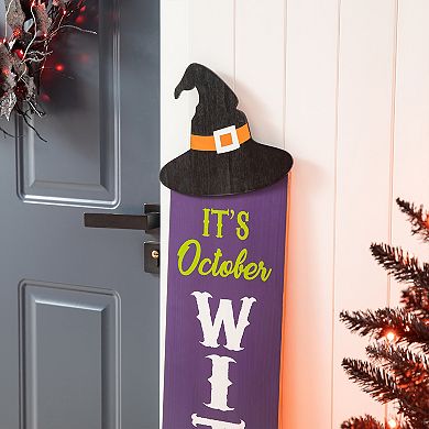 Glitzhome 48"h Halloween Wood Witch Hat Porch Decor, “It’s October Witches” Hanging Wall Decor