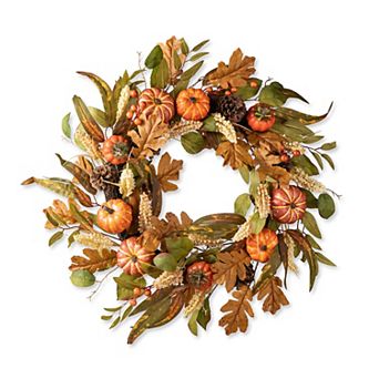 Glitzhome 24''d Fall Artificial Pumpkin Leaf Floral Wreath Decor For Autumn Thanksgiving Decoration