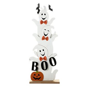 Glitzhome 37.5"H Stacked Ghost Halloween Wooden Porch Decor