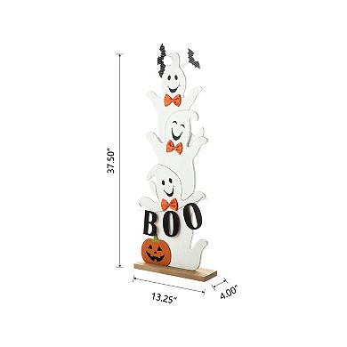 Glitzhome 37.5"H Stacked Ghost Halloween Wooden Porch Decor