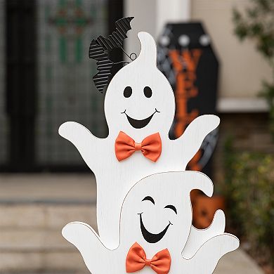 Glitzhome 37.5"H Stacked Ghost Halloween Wooden Porch Decor