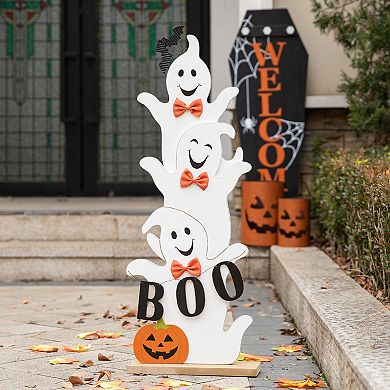 Glitzhome 37.5"H Stacked Ghost Halloween Wooden Porch Decor
