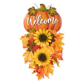Glitzhome 22.5"h Metal Fall Pumpkin & Sunflower Swag Wall Sign Decor