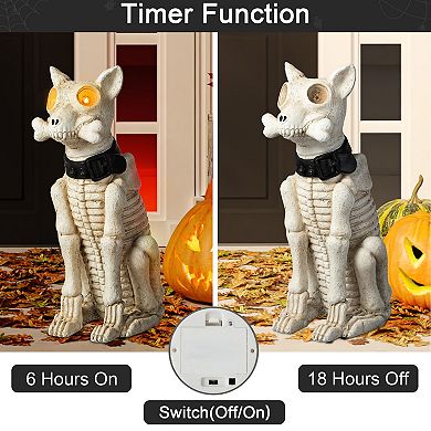Glitzhome 20.50''h Skeleton Dog Porch Decor, Halloween Lighted Porch Sign with Timer