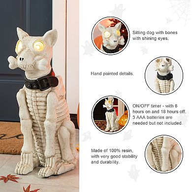 Glitzhome 20.50''h Skeleton Dog Porch Decor, Halloween Lighted Porch Sign with Timer