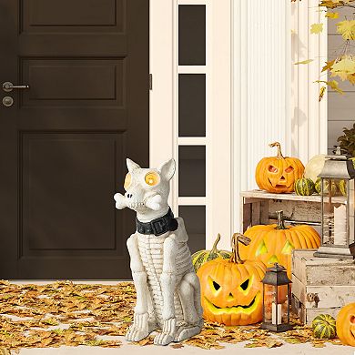 Glitzhome 20.50''h Skeleton Dog Porch Decor, Halloween Lighted Porch Sign with Timer
