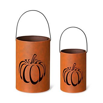 Glitzhome Set Of 2 Fall Metal Cutout Pumpkin Lanterns, Candle Holder Buckets For Table Decor