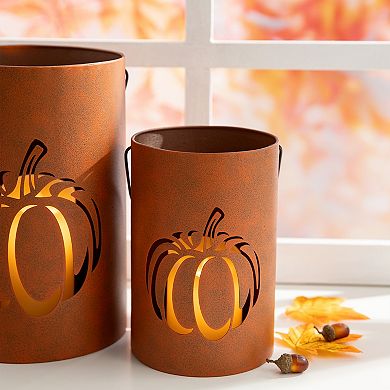Glitzhome Set Of 2 Fall Metal Cutout Pumpkin Lanterns, Candle Holder Buckets For Table Decor