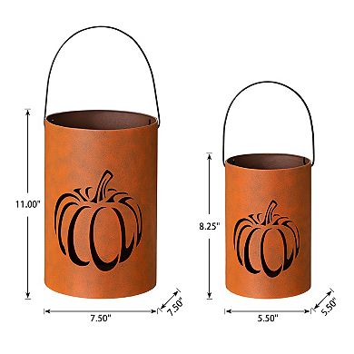 Glitzhome Set Of 2 Fall Metal Cutout Pumpkin Lanterns, Candle Holder Buckets For Table Decor