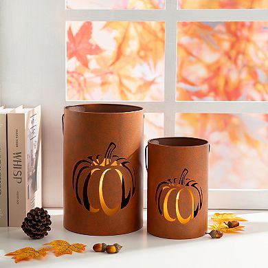 Glitzhome Set Of 2 Fall Metal Cutout Pumpkin Lanterns, Candle Holder Buckets For Table Decor