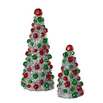 Haven Living Mini Tinsel Jingle Bell Christmas Tree Table Decor 2 pc Set