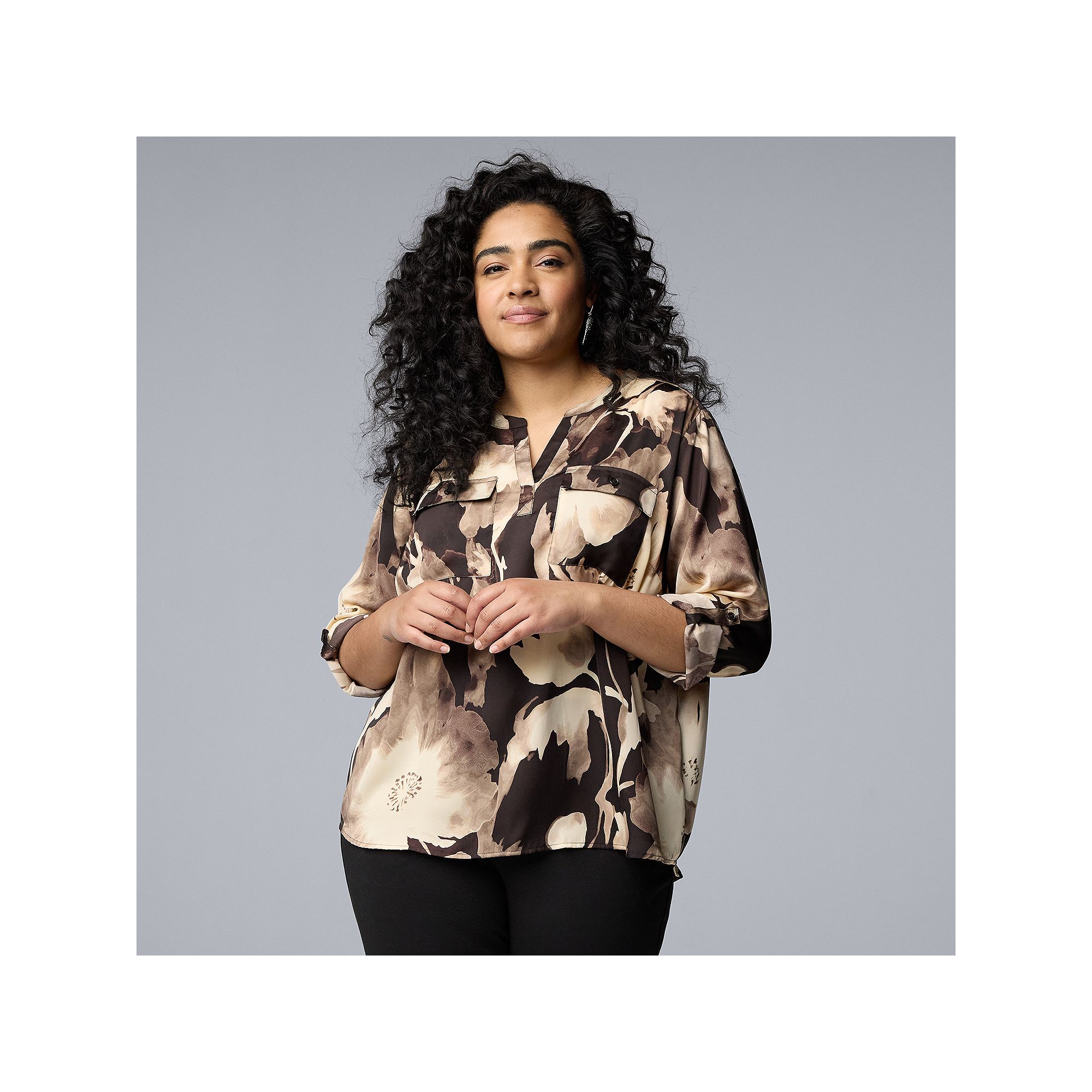 Plus Size Simply Vera Vera Wang 3/4 Roll Tab Sleeve Blouse, Womens, Size: 