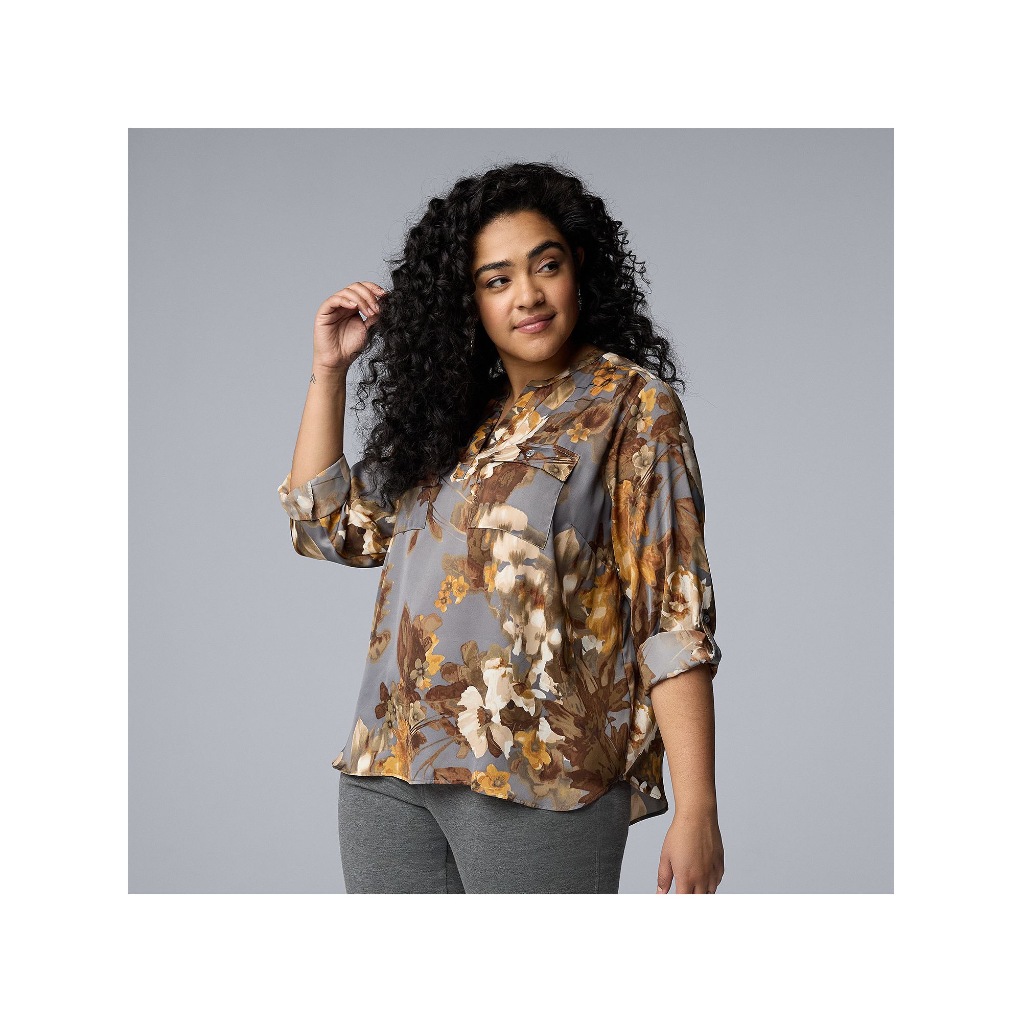 Plus Size Simply Vera Vera Wang 3/4 Roll Tab Sleeve Blouse, Womens, Size: 