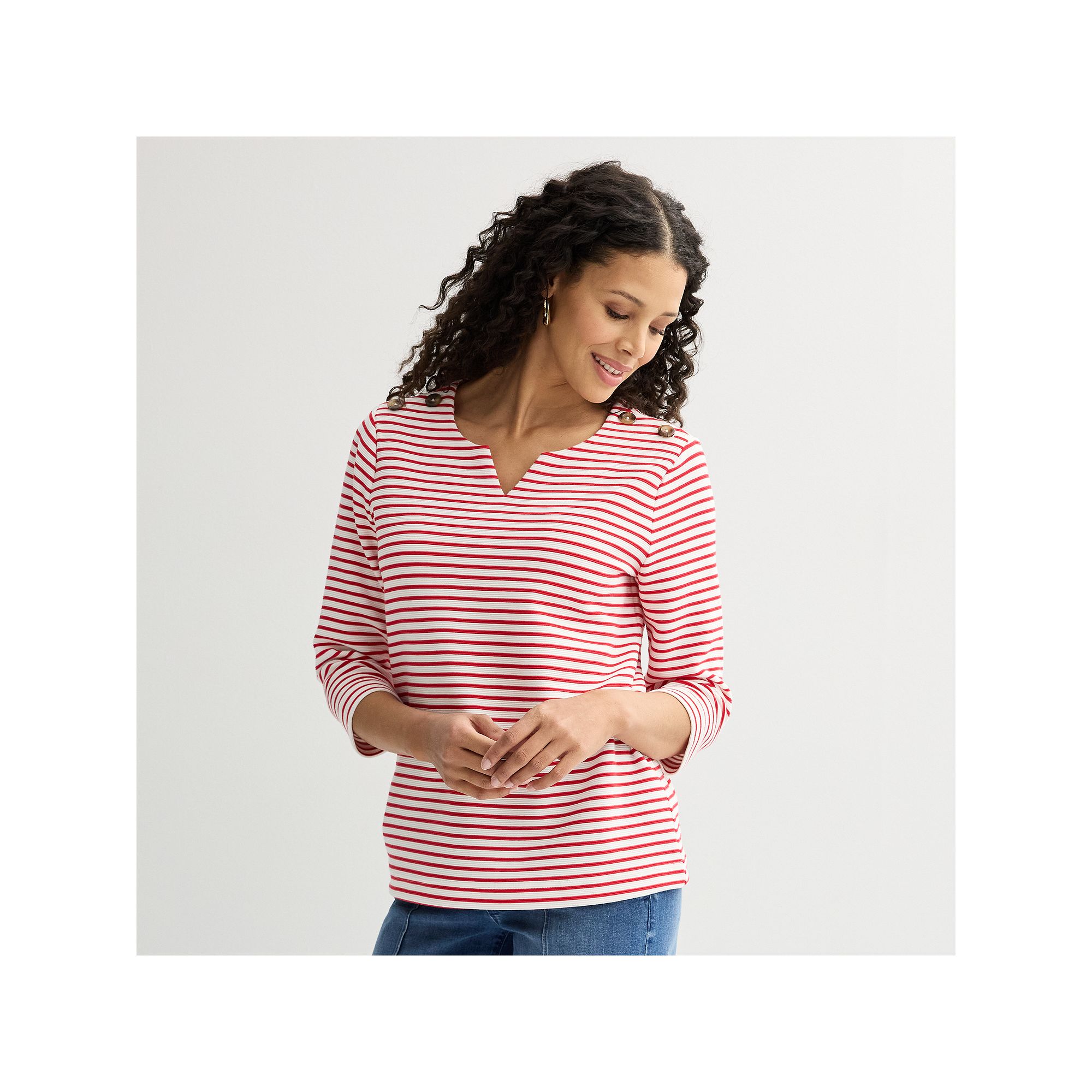 Womens Croft & Barrow® Button Shoulder Split Neck Top, Size: XS, Red Stri