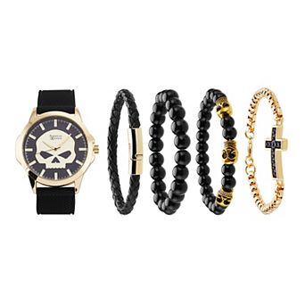 American Exchange Men's Black Silicone Strap Analog Watch & Stackable Bracelet Set